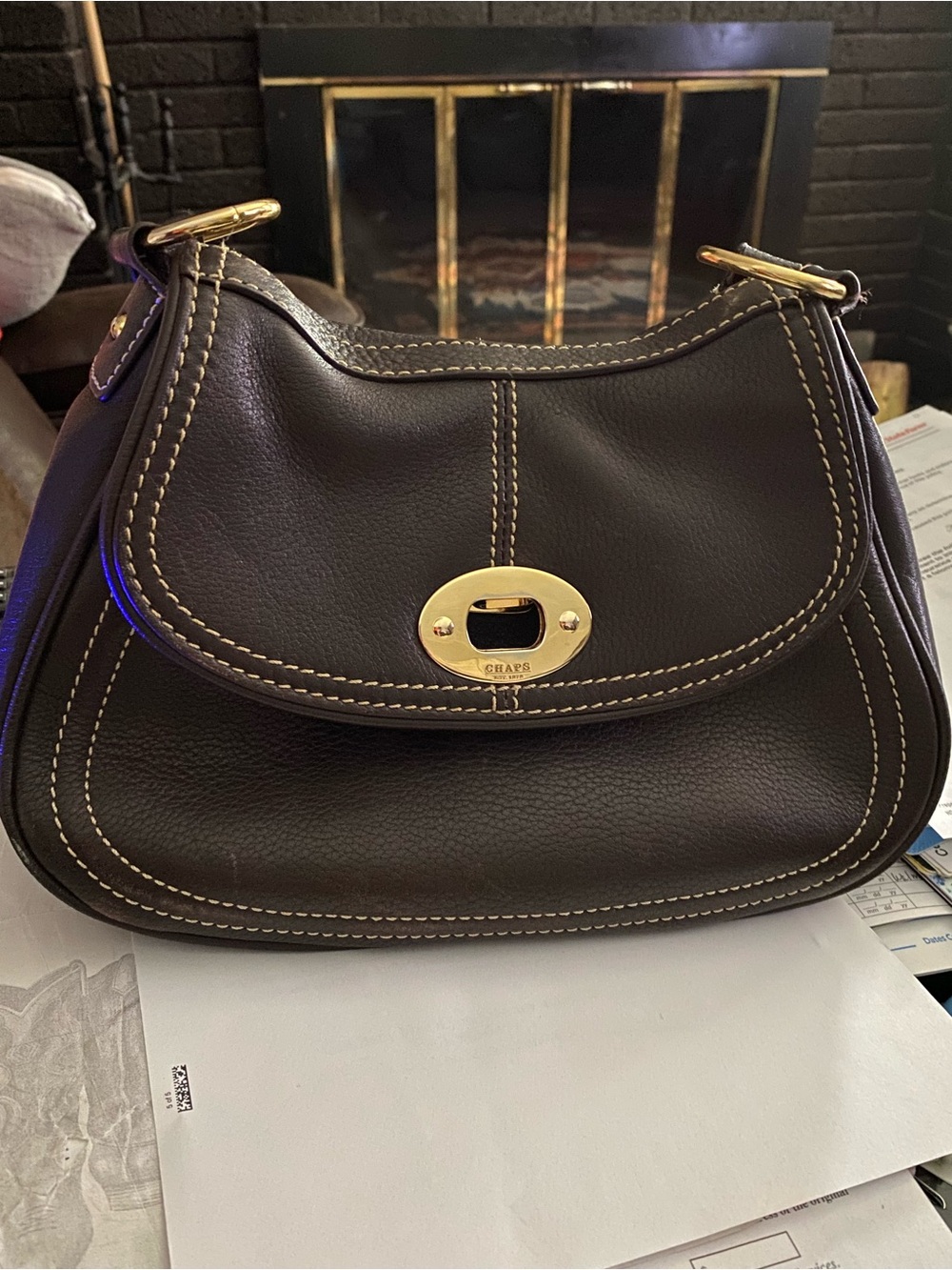 Chaps Dark Brown Leather Shoulder Bag with Gold-Tone Hardware